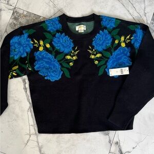 Maeve by Anthropologie Black Sweater with Blue and Yellow Floral Design, XS